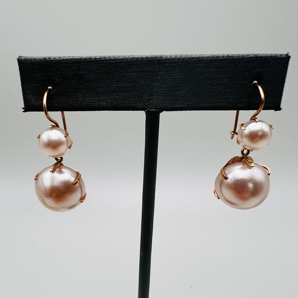 Vintage Faux Pearl Drop Earrings Gold Tone Double Bead Dangle Classic Elegant